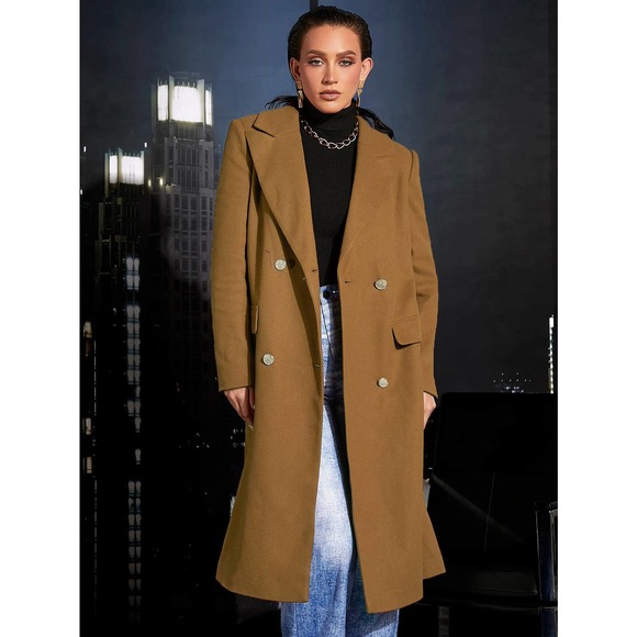 Double Breasted Belted Overcoat long pea coat brown long line - Picture 3 of 6